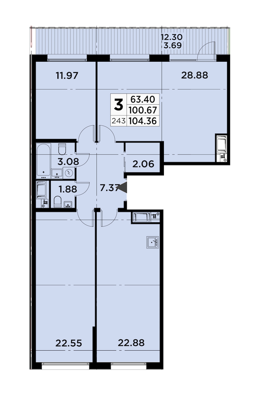 3-комнатная квартира 104.36 м², 14/14 эт., ЖК «GloraX City Zanevsky»